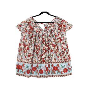 Lauren Conrad Womens Plus Size - 2X Floral Print Blouse Red White Green On Beige